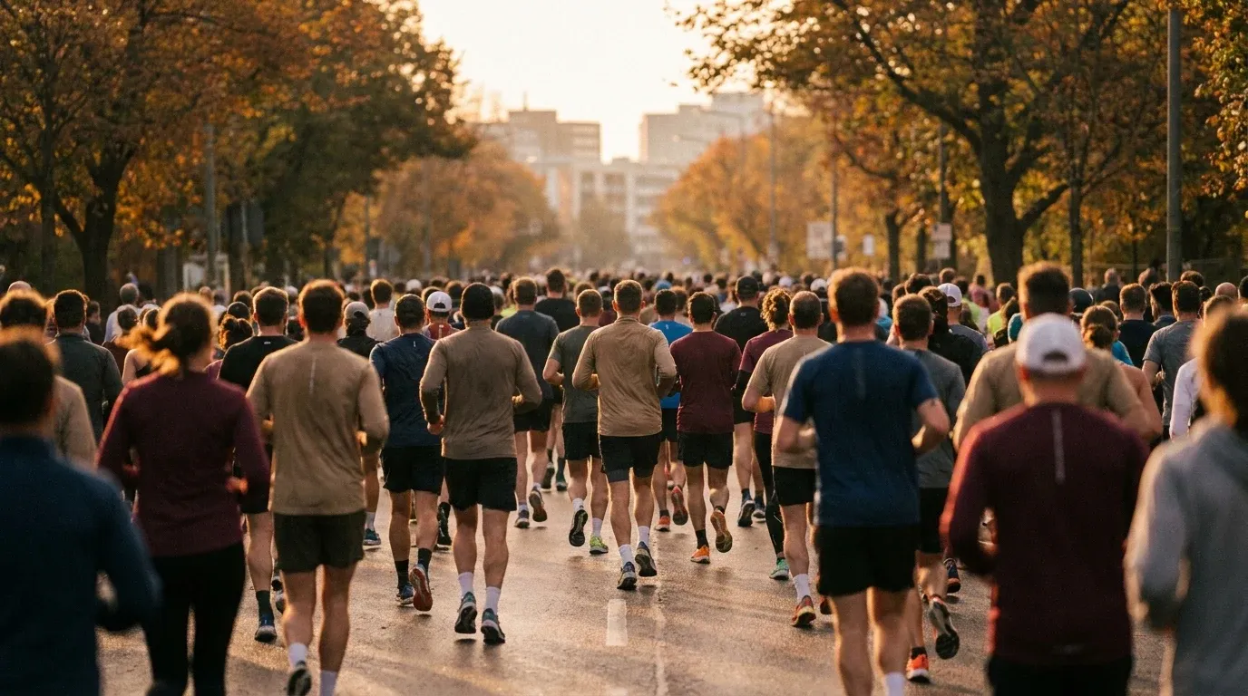 A dense pack of runners photographed from behind running together down a tree-lined road in warm golden morning light.