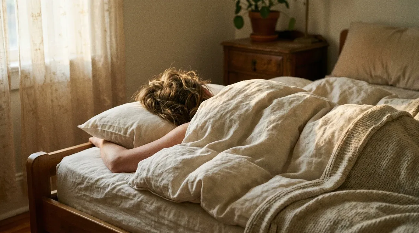 Person sleeping peacefully on their side in soft golden morning light surrounded by warm rumpled bedding.