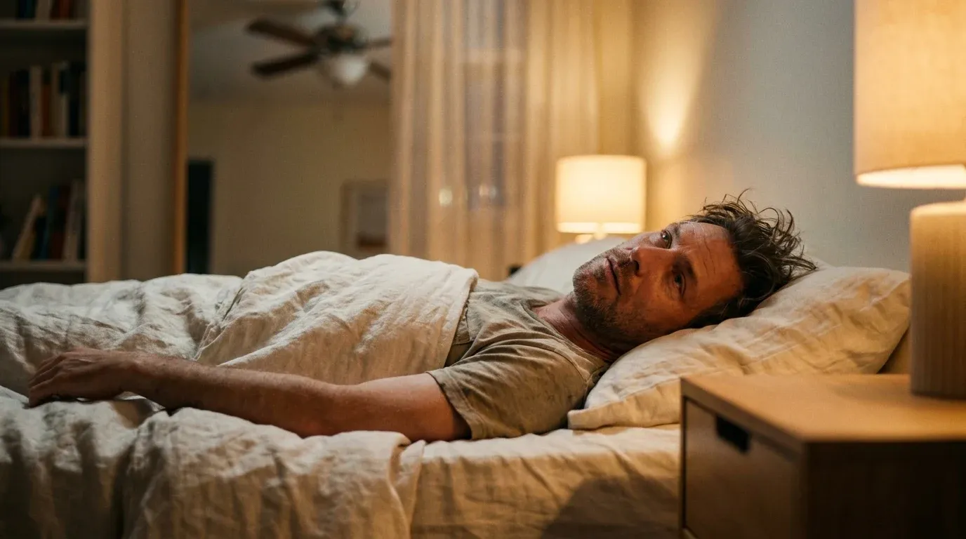 Man lying awake in bed staring at the ceiling, visibly exhausted and restless in warm golden light.
