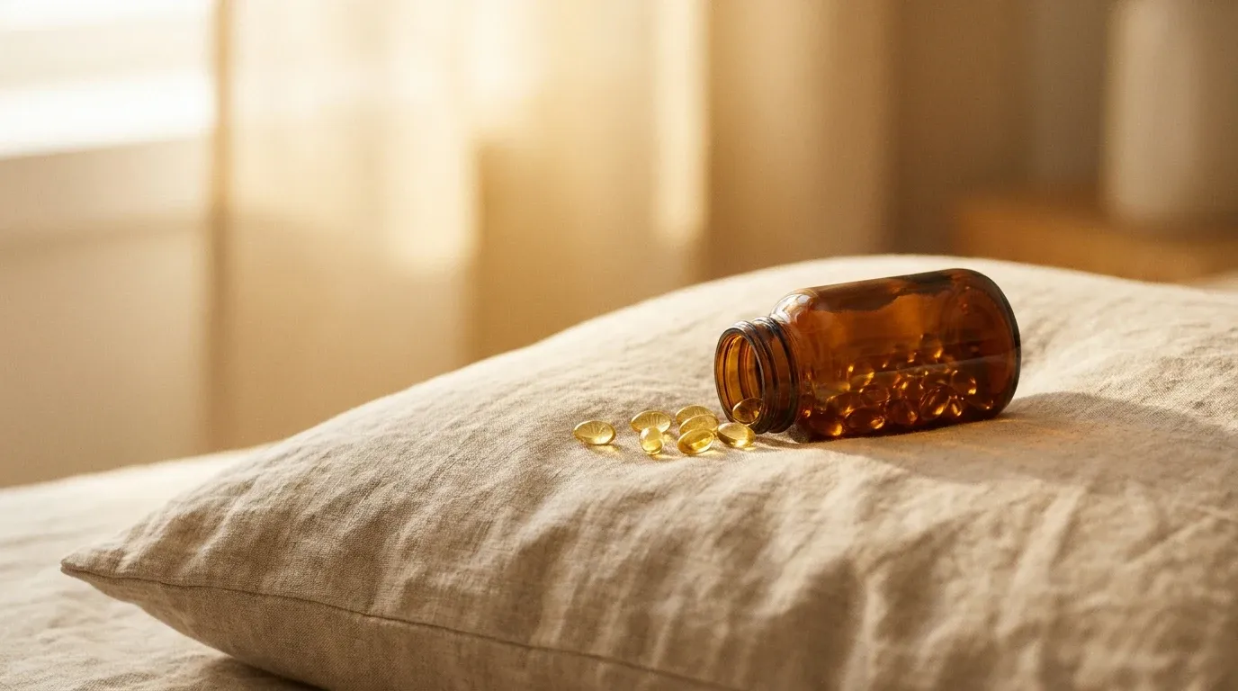 Amber vitamin D supplement bottle tipped over on a linen pillow with golden capsules spilling out.