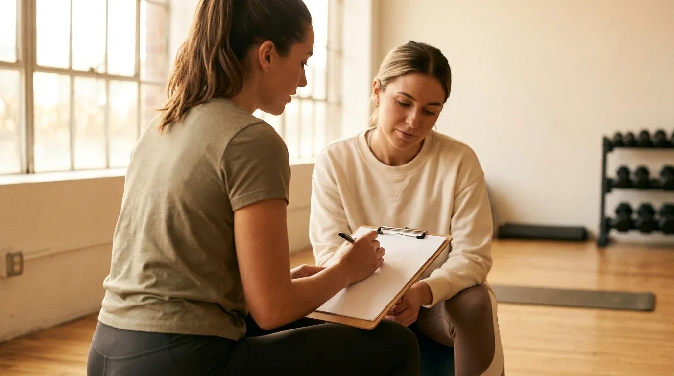 A female personal trainer and client review a clipboard together in warm natural light during a training session.