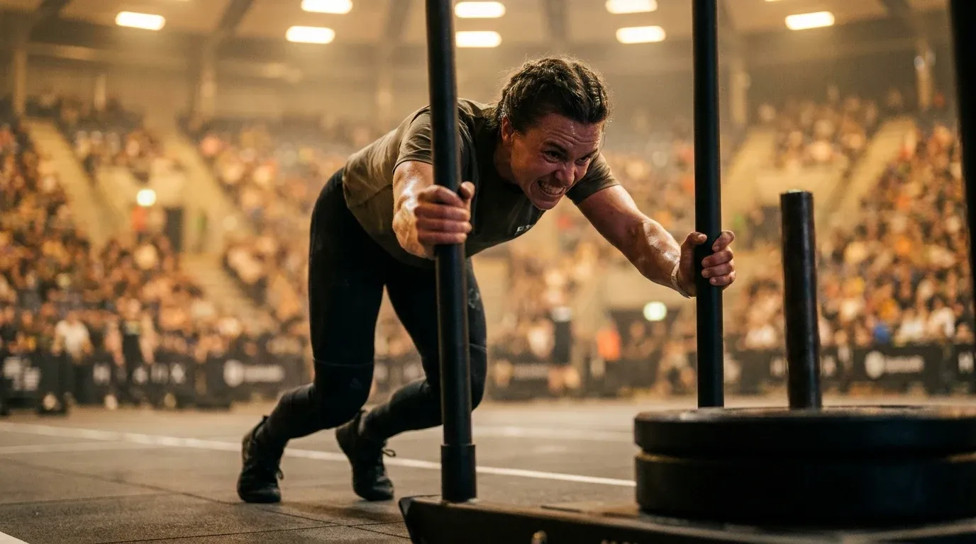 A HYROX athlete pushes a sled with intense effort in a packed Olympic-scale arena.