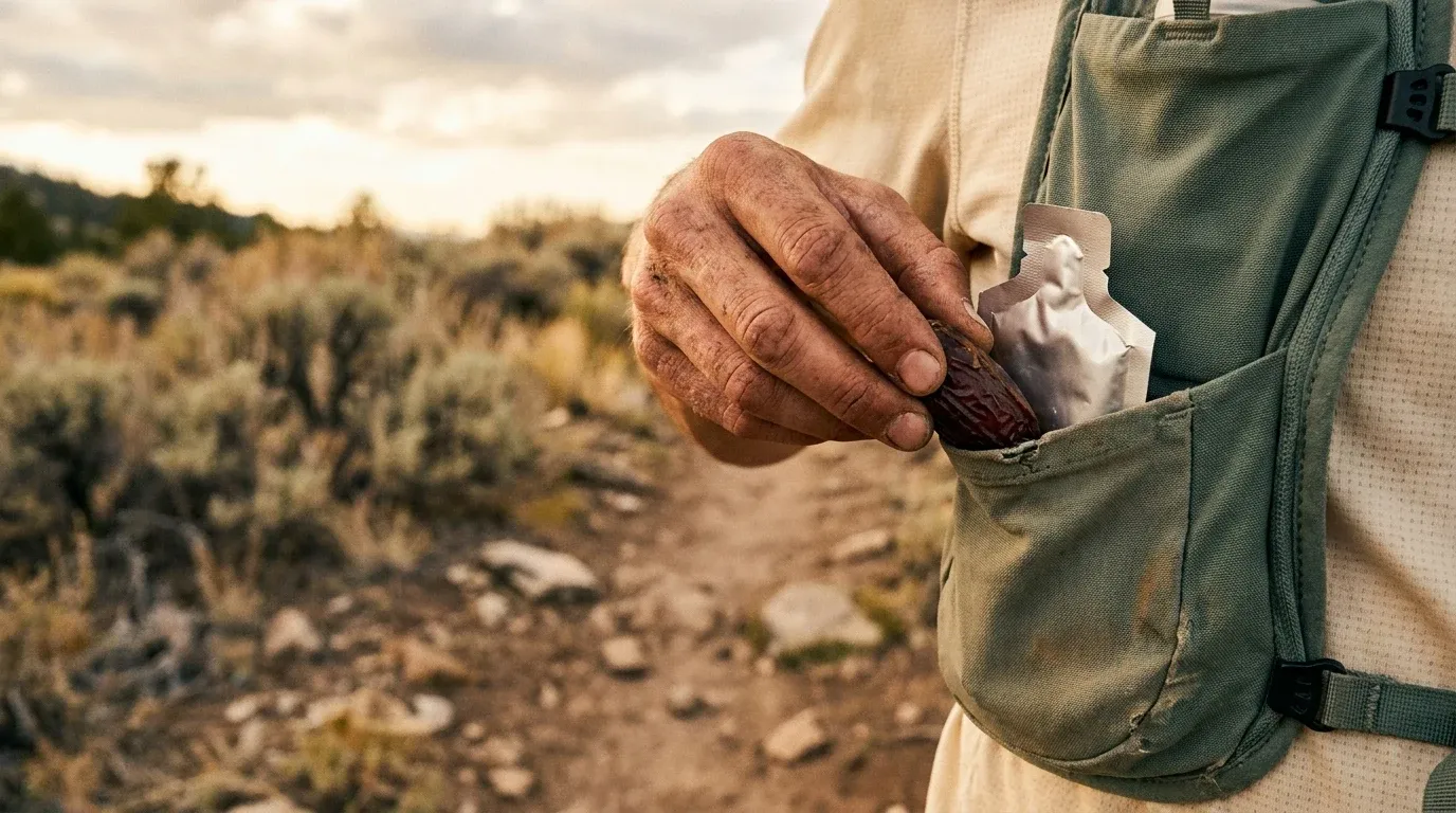 Ultra-trail runner's hand holding a whole date and energy gel packet mid-stride on a mountain trail.