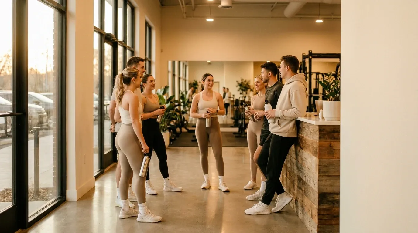 Young adults chatting near a gym reception area in warm golden late-afternoon light after their workout.