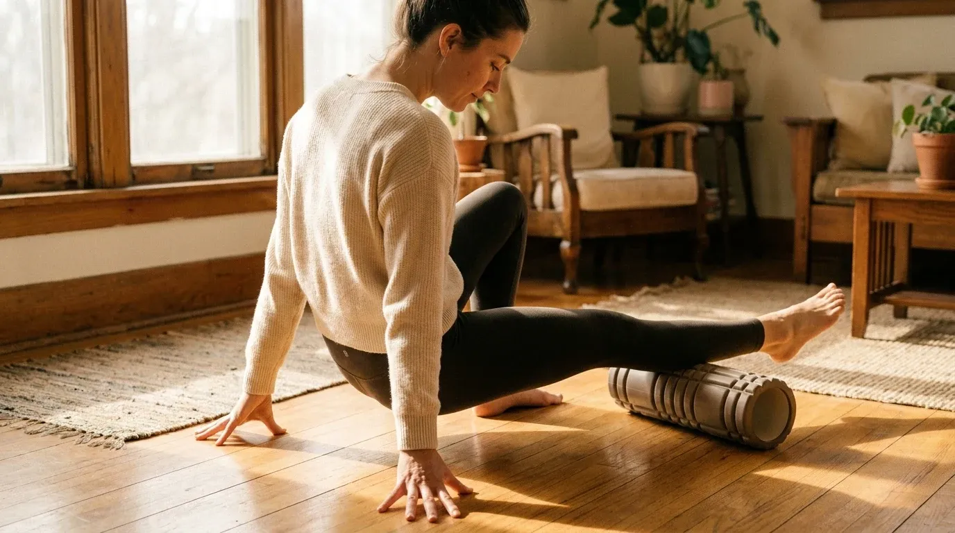 A person performs a deliberate foam rolling stretch on warm hardwood flooring in soft golden light.