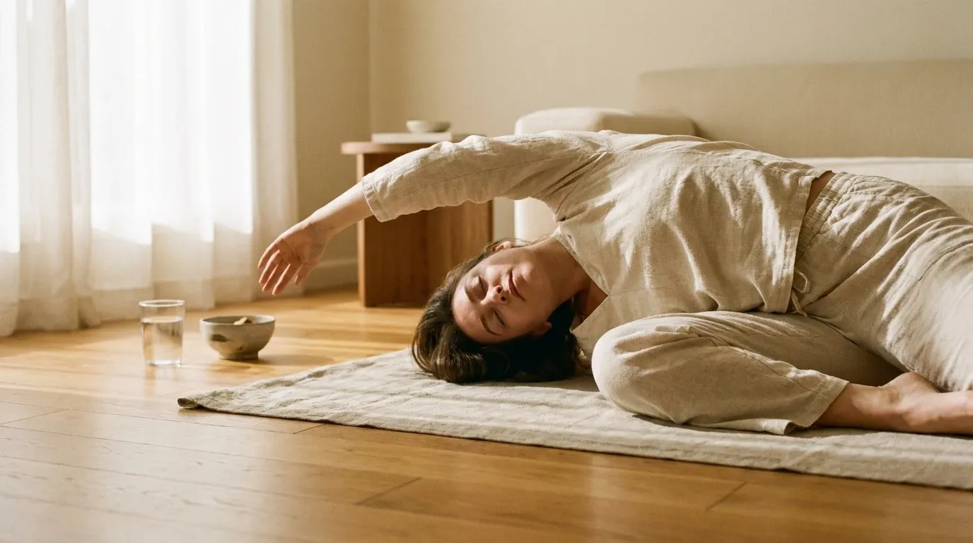 Person performing a deep lateral stretch on a yoga mat with water and food visible in the soft-lit background.
