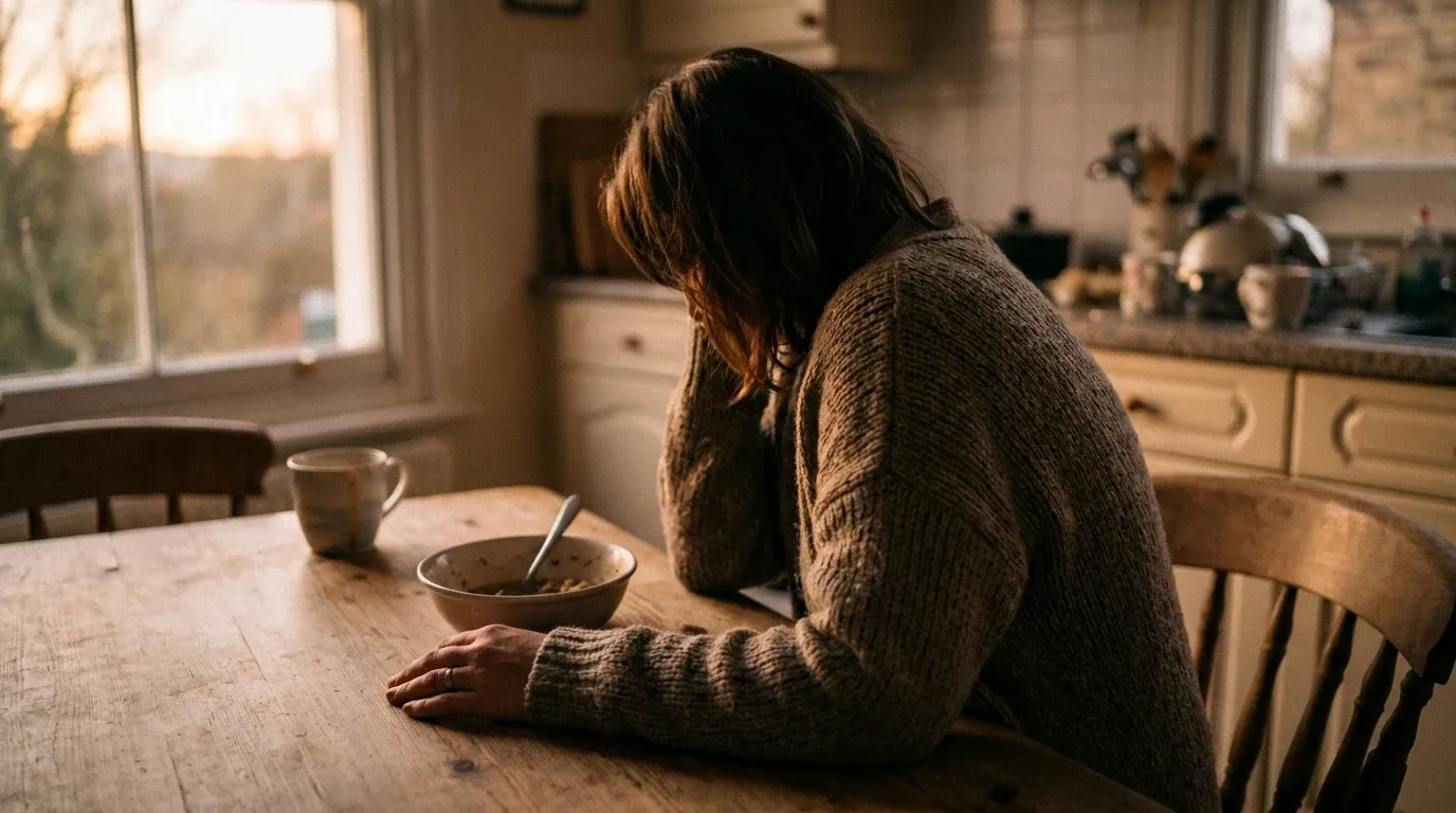 A woman sitting alone at a kitchen table, appearing exhausted, her hand near an open food container.