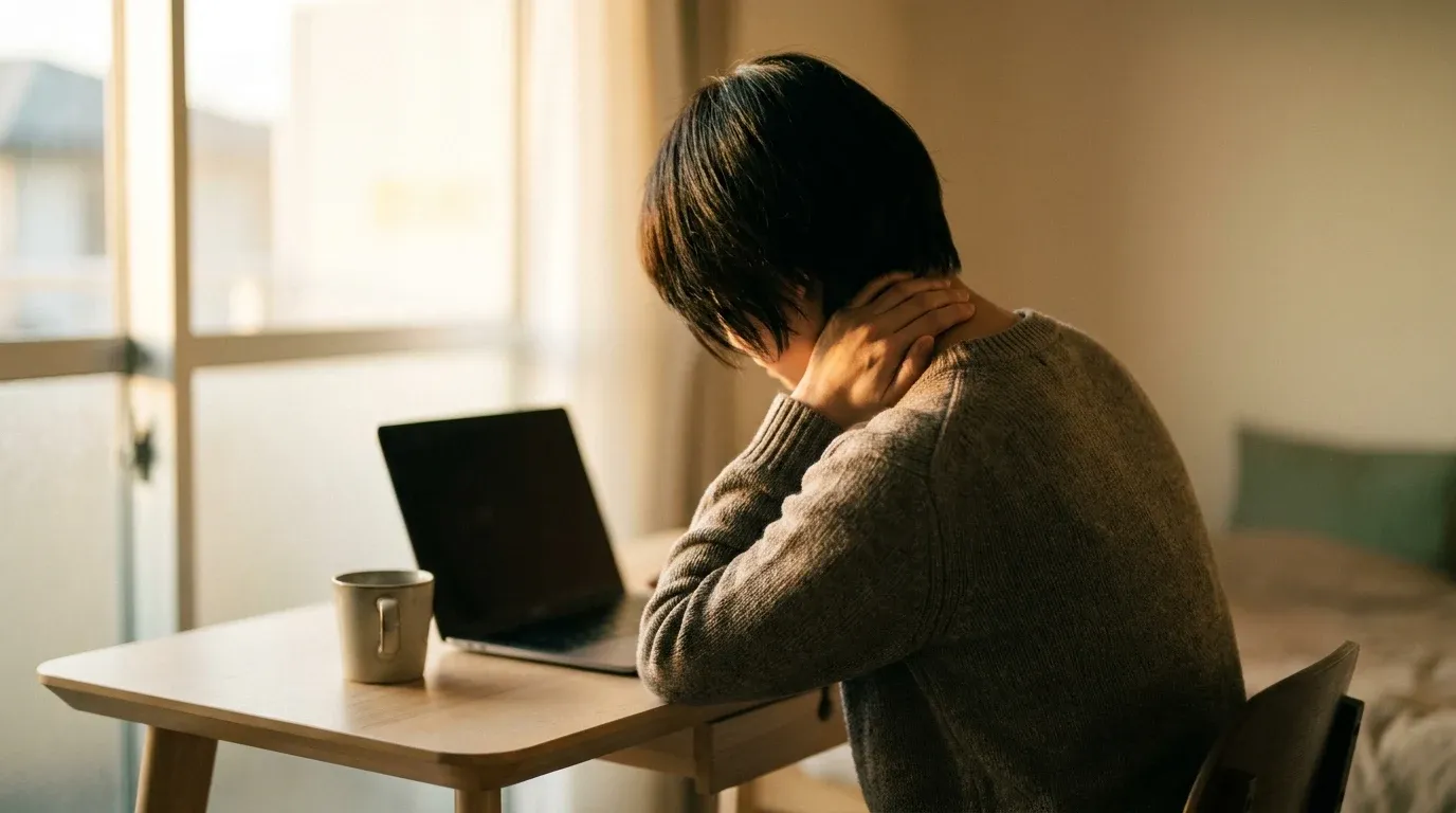 Desk worker seated with poor posture, head jutted forward and shoulders rolled inward, hand pressing against the back of neck.