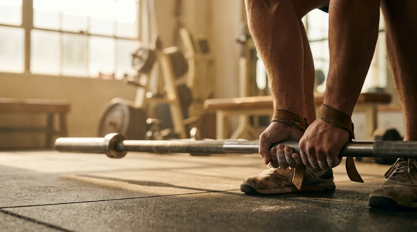 A lifter's hands grip a barbell during deadlift setup on a gym floor.