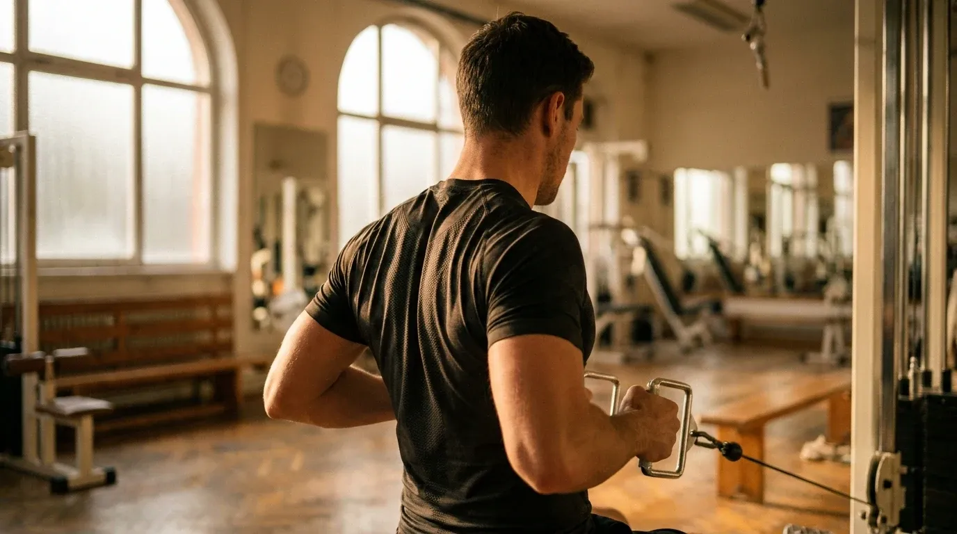 Male athlete performing a cable row exercise, scapulae retracted, pulling handle toward chest in a gym.