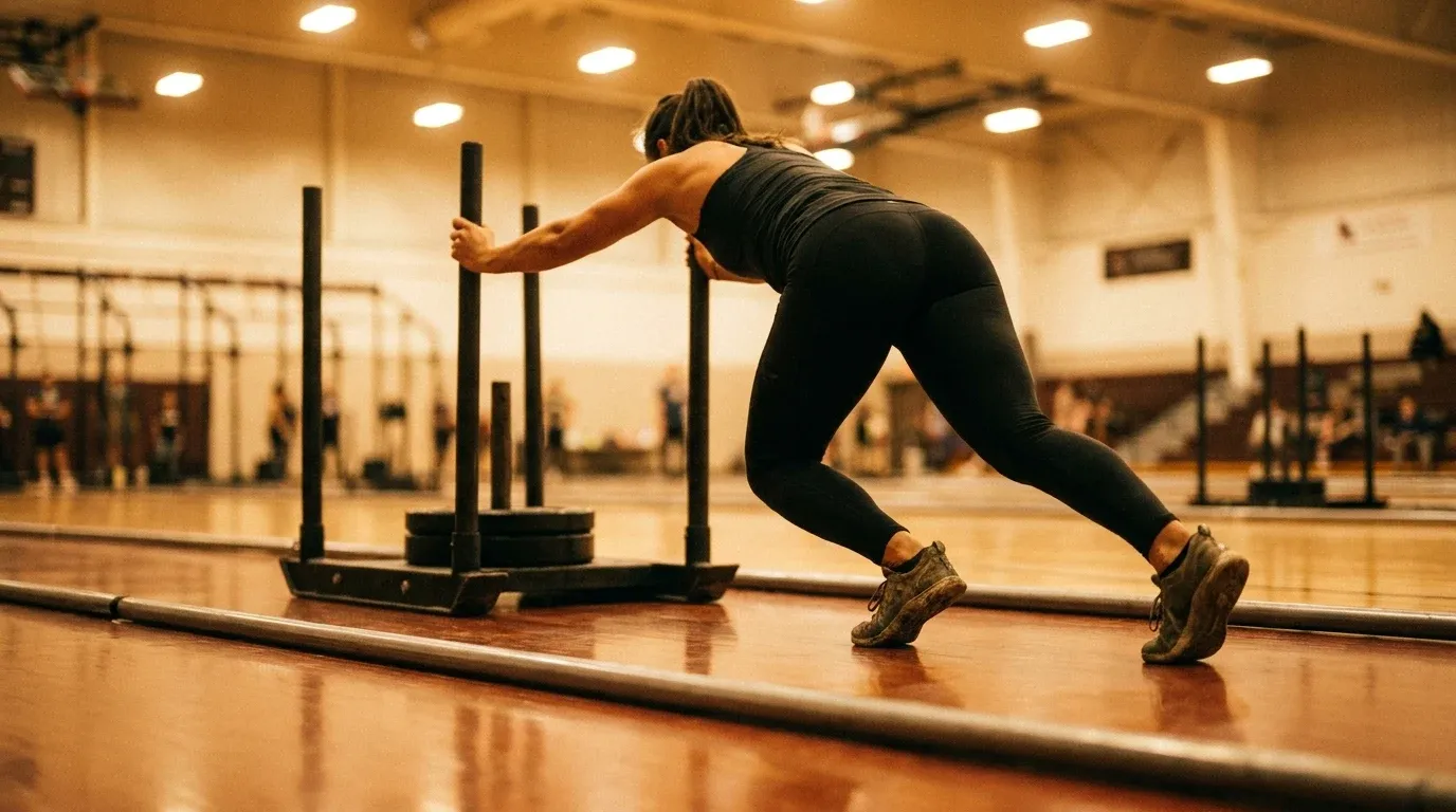 Athlete in low drive stance pushing a competition sled with fully extended arms and powerful leg drive on polished floor.