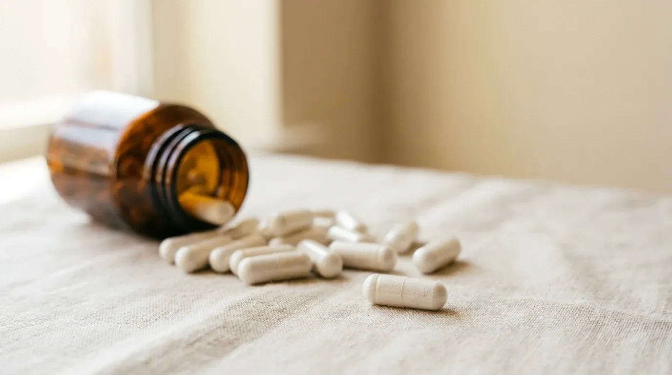 White magnesium capsules spilling from an amber bottle onto cream linen in warm natural golden light.