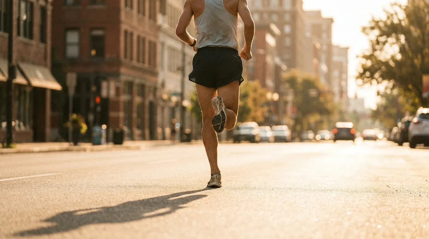 A runner mid-stride on an empty city road, bathed in warm golden-hour light.