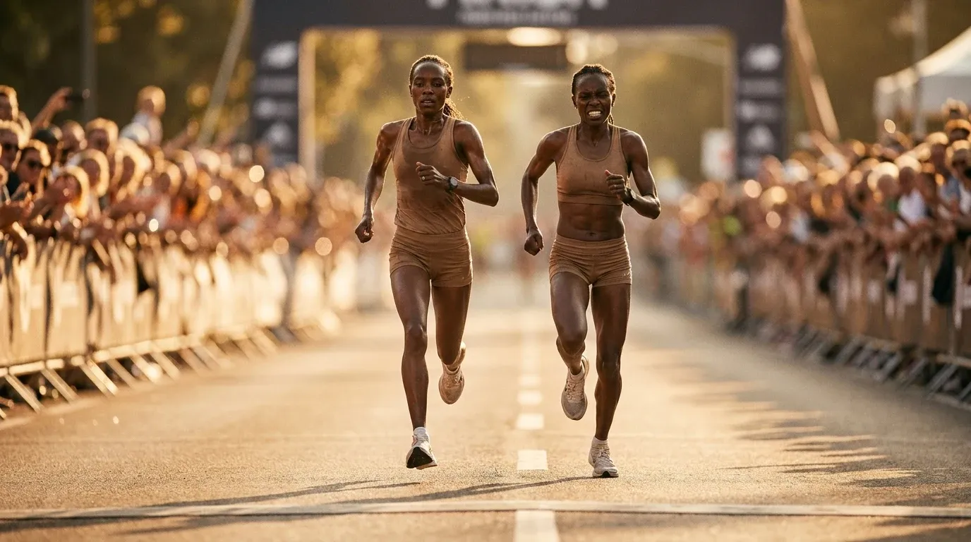 Two elite women runners in a fierce close battle at the finish line, golden light, blurred crowd behind.