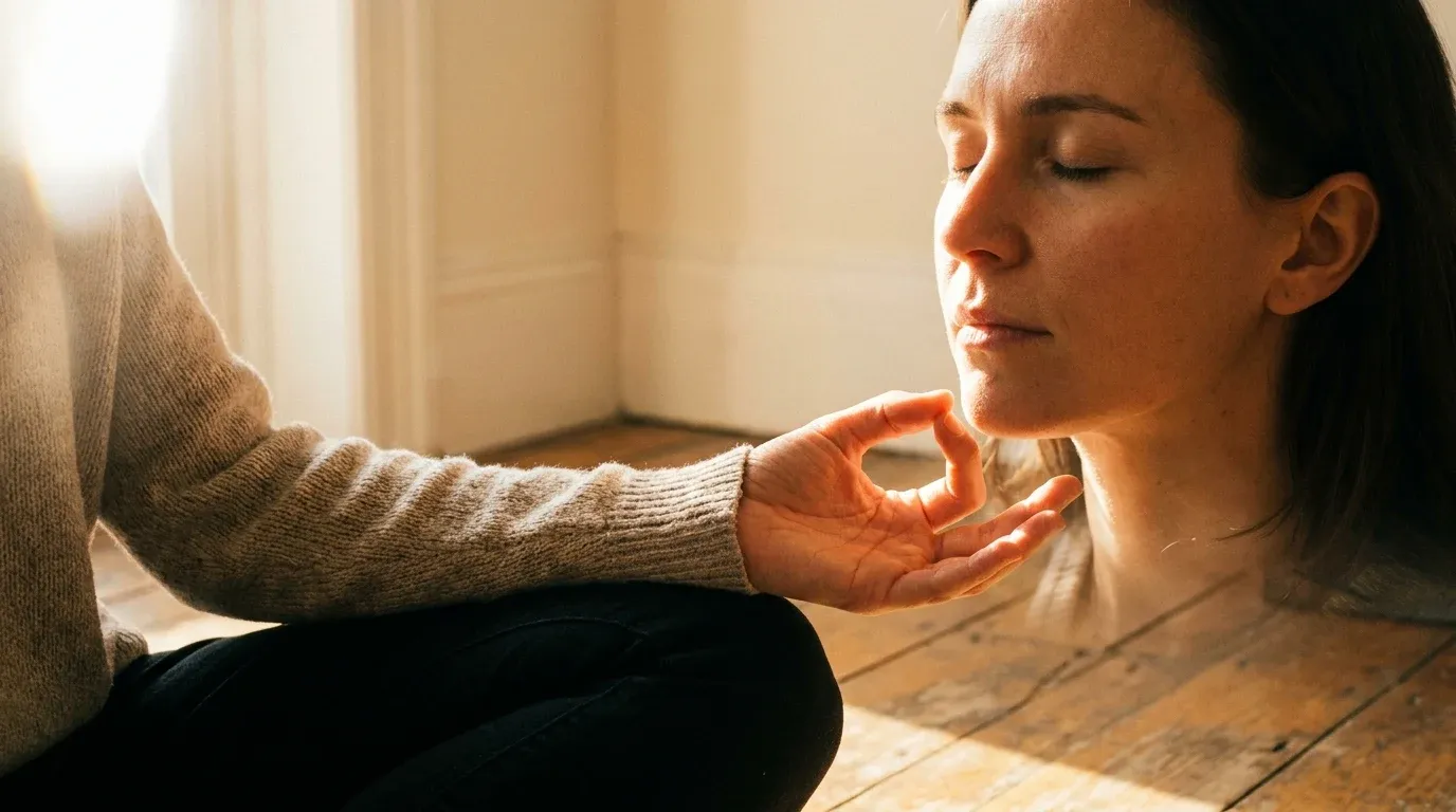 Person seated in meditation with eyes closed and hand in gyan mudra against a warm cream background.