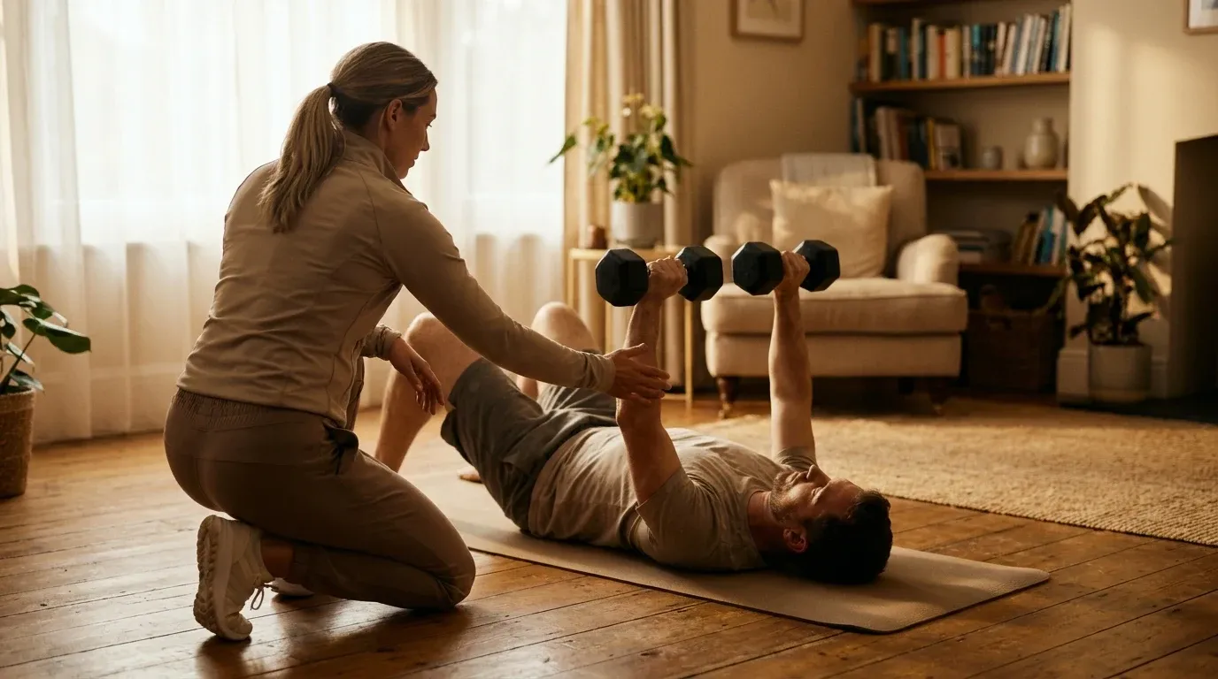 A personal trainer guides a client performing a dumbbell exercise in a warmly lit home living room.
