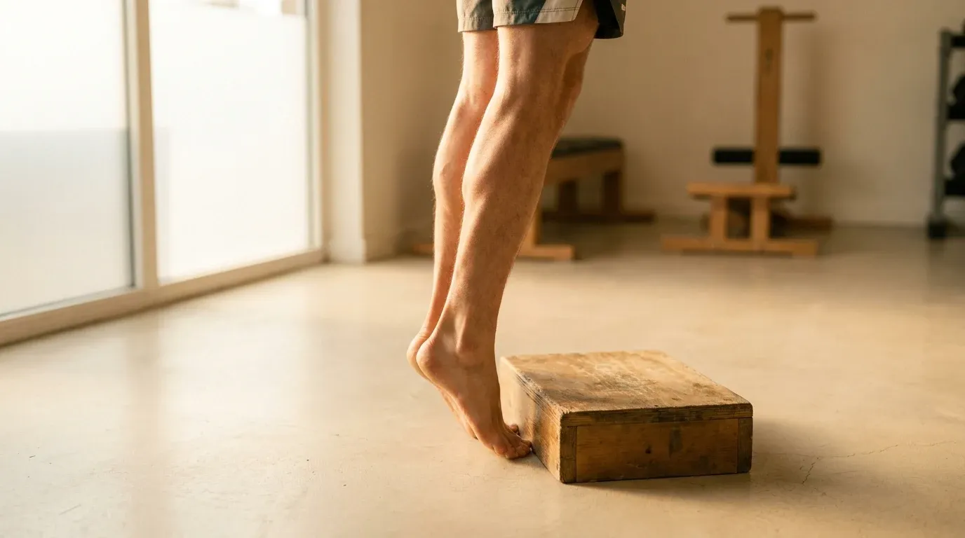 Athlete performing a deep calf stretch on a step with heel dropped low in warm natural light.