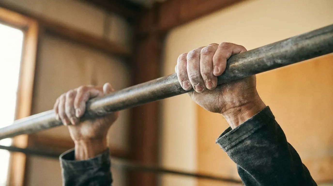 Close-up of chalk-dusted hands gripping a pull-up bar with fingers wrapped tightly around steel.
