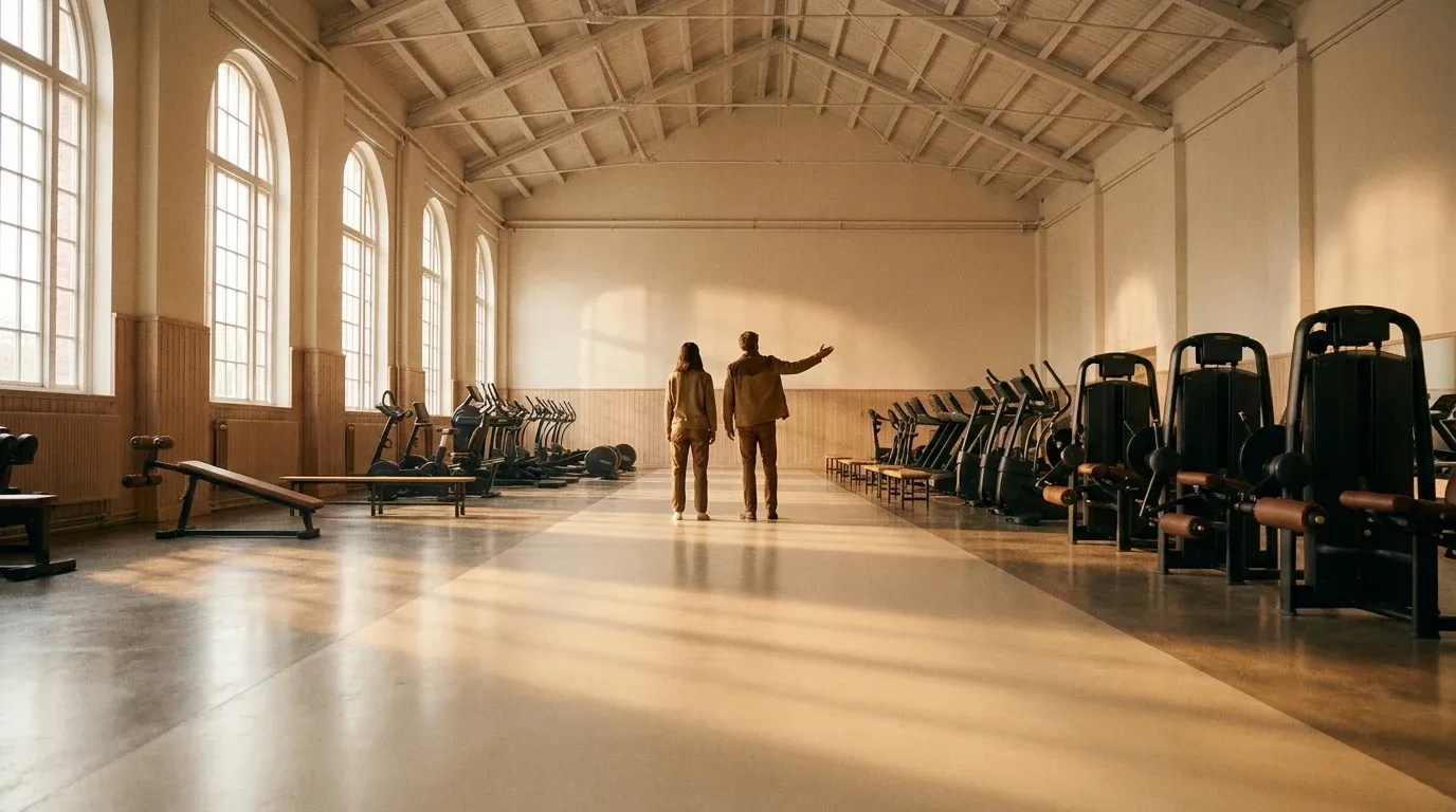 Two figures survey a sprawling empty gym illuminated by soft natural morning light.