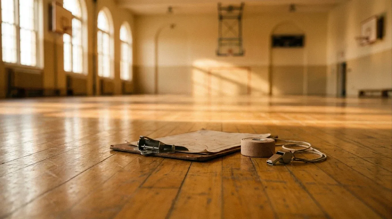 Worn leather coaching clipboard, whistle, and athletic tape on gymnasium hardwood floor in golden morning light.