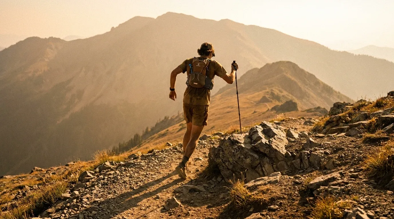 A trail runner climbs a steep rocky mountain path during golden hour, viewed from behind.