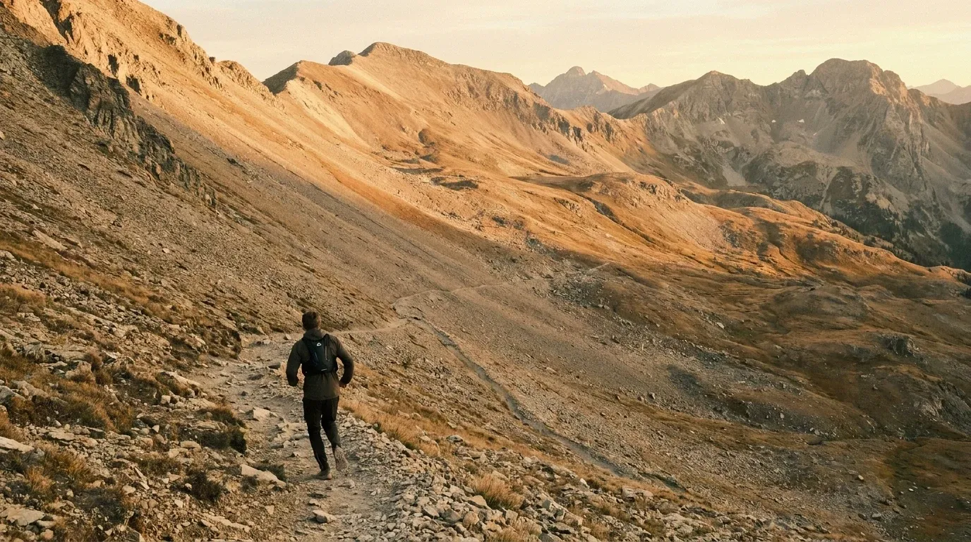 A lone trail runner seen from behind climbs a rocky switchback trail on a steep alpine mountain face in golden light.