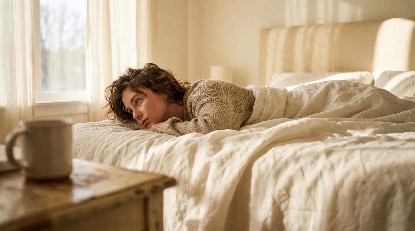 Person lying awake in bed at dawn, eyes open in contemplation, soft golden light filtering through a minimal bedroom.