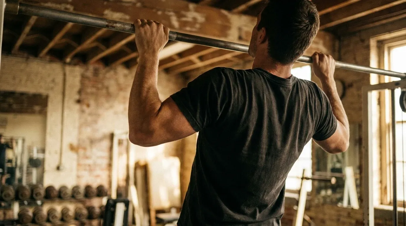 Muscular athlete at top of pull-up with fully contracted back and flared lats in warm golden gym light.