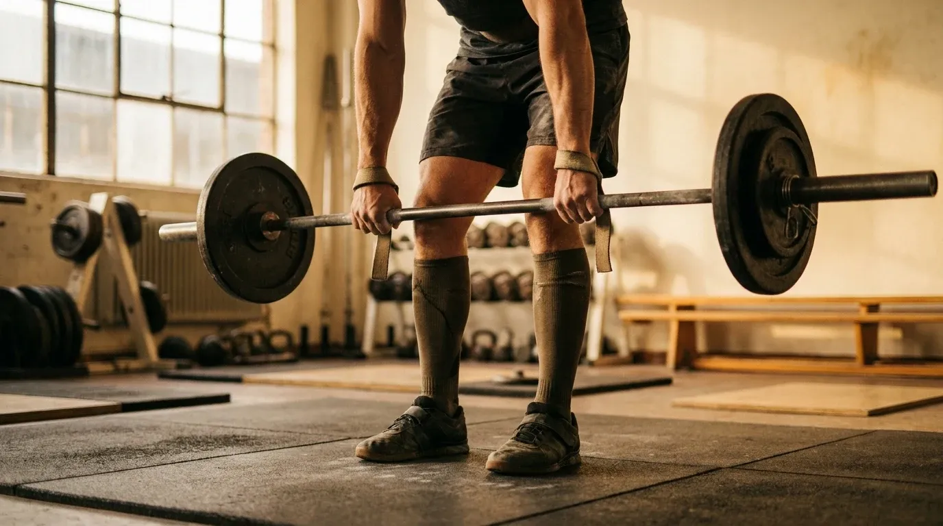Recreational lifter at deadlift lockout with hands gripping loaded barbell, captured in warm golden gym light.