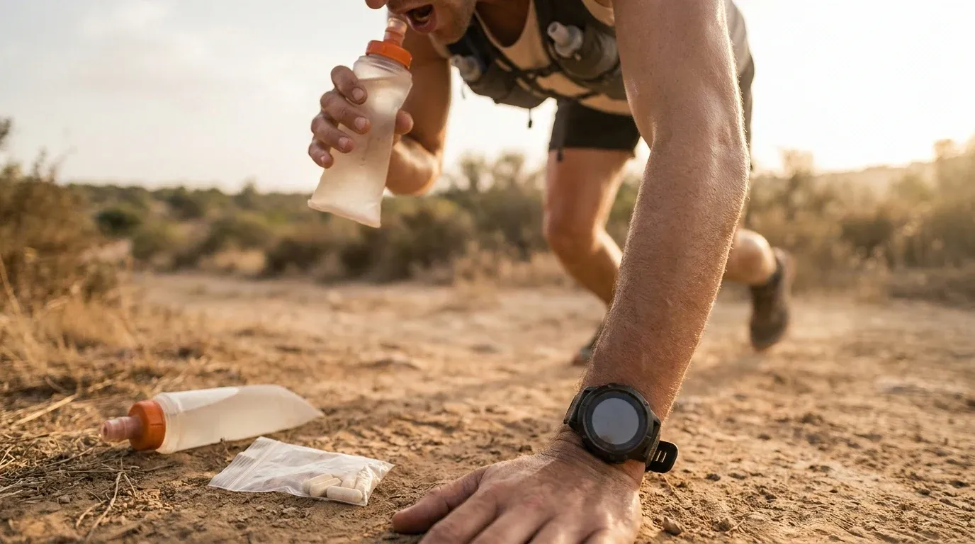 Sweat-drenched endurance runner drinking from a handheld flask mid-stride on a dry trail with sodium capsules nearby.