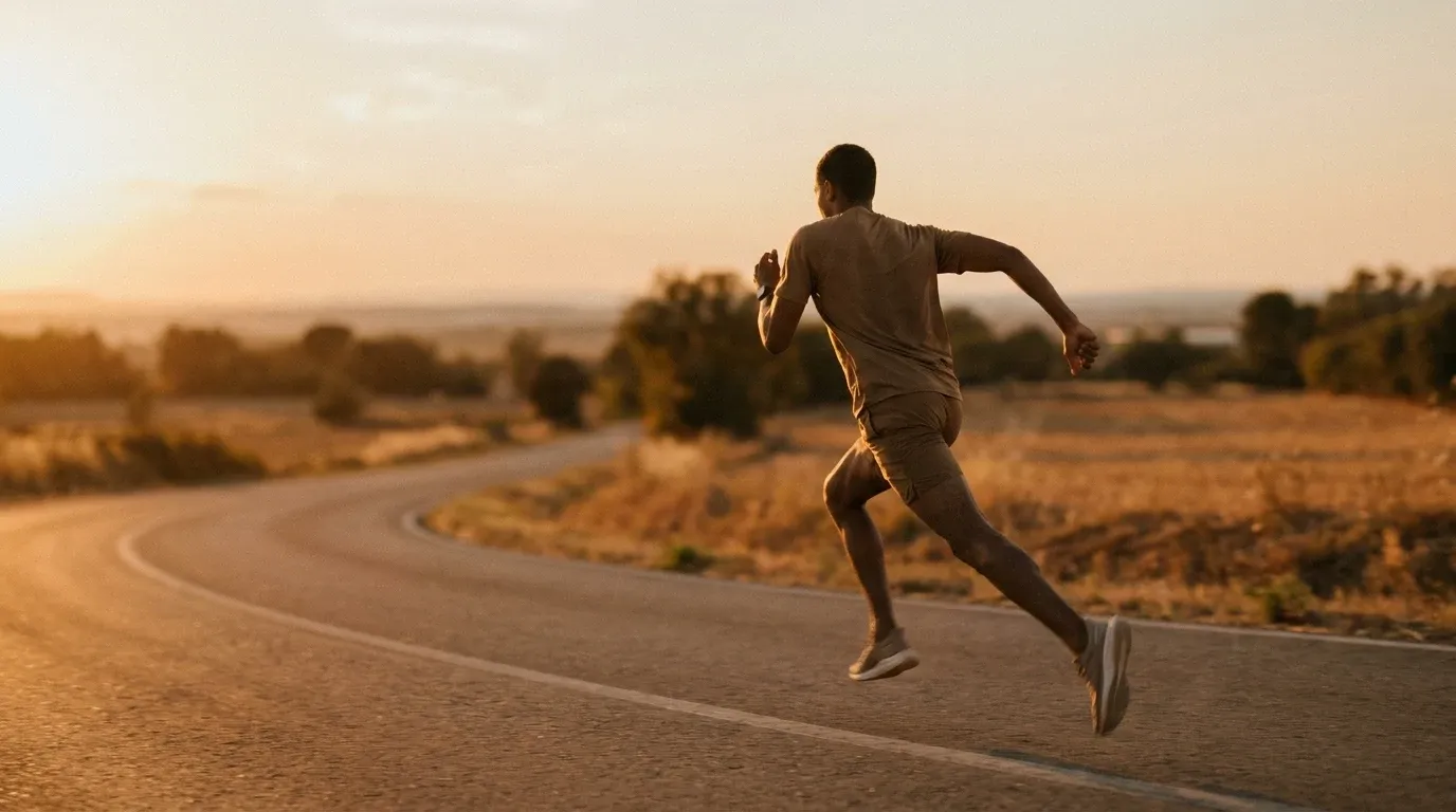 Runner in mid-sprint on an open road, captured from behind in golden-hour light with motion blur.
