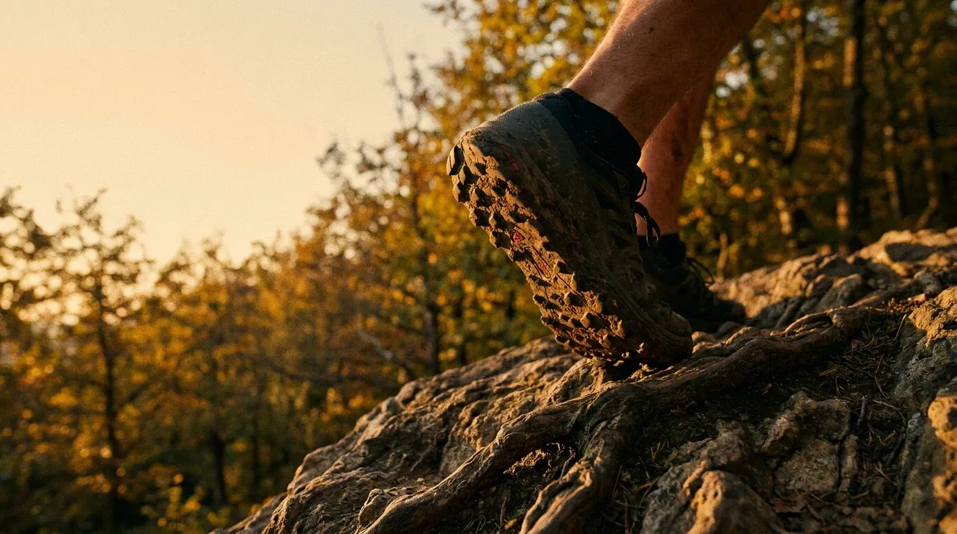 Trail runner's foot mid-stride on rocky terrain wearing aggressive tread trail shoe, golden-hour light.