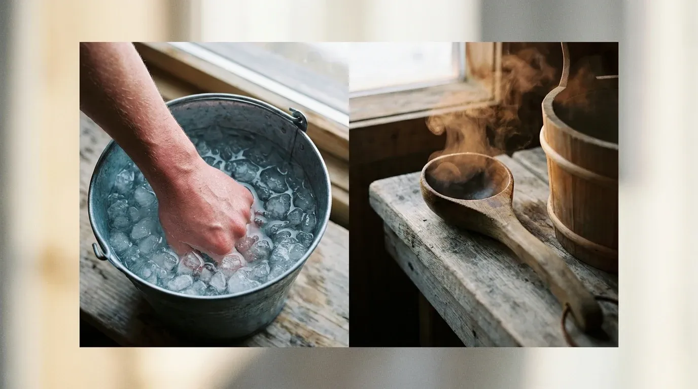 Athlete's arm plunged in ice water on left, sauna steam rising on right, both recovery methods on wooden bench.