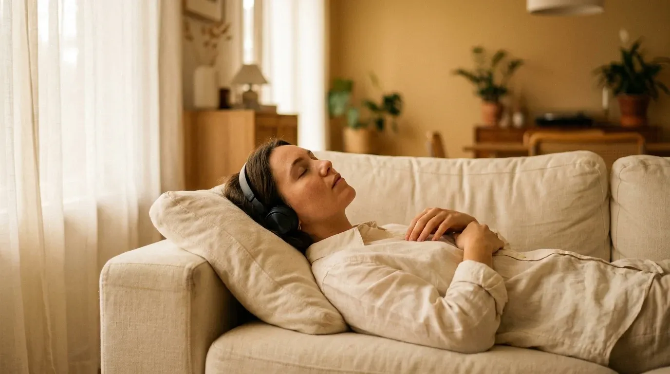 Person lying on a cream couch wearing headphones with eyes closed in peaceful relaxation and stillness.