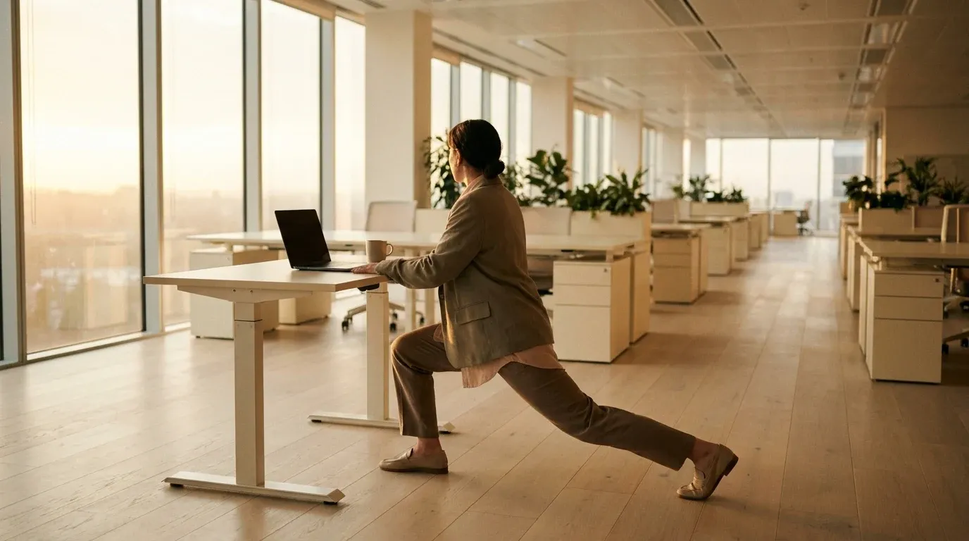 Employee in business-casual attire stretching at standing desk in empty morning office.