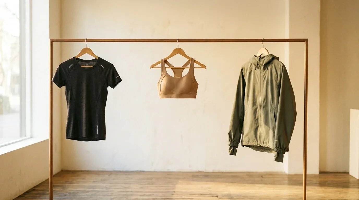 Three separate activewear garments spaced on a retail rack in warm golden light.