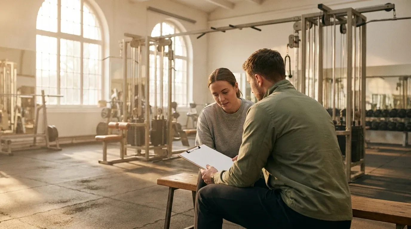 A personal trainer and client review a clipboard together during an assessment session at a gym.