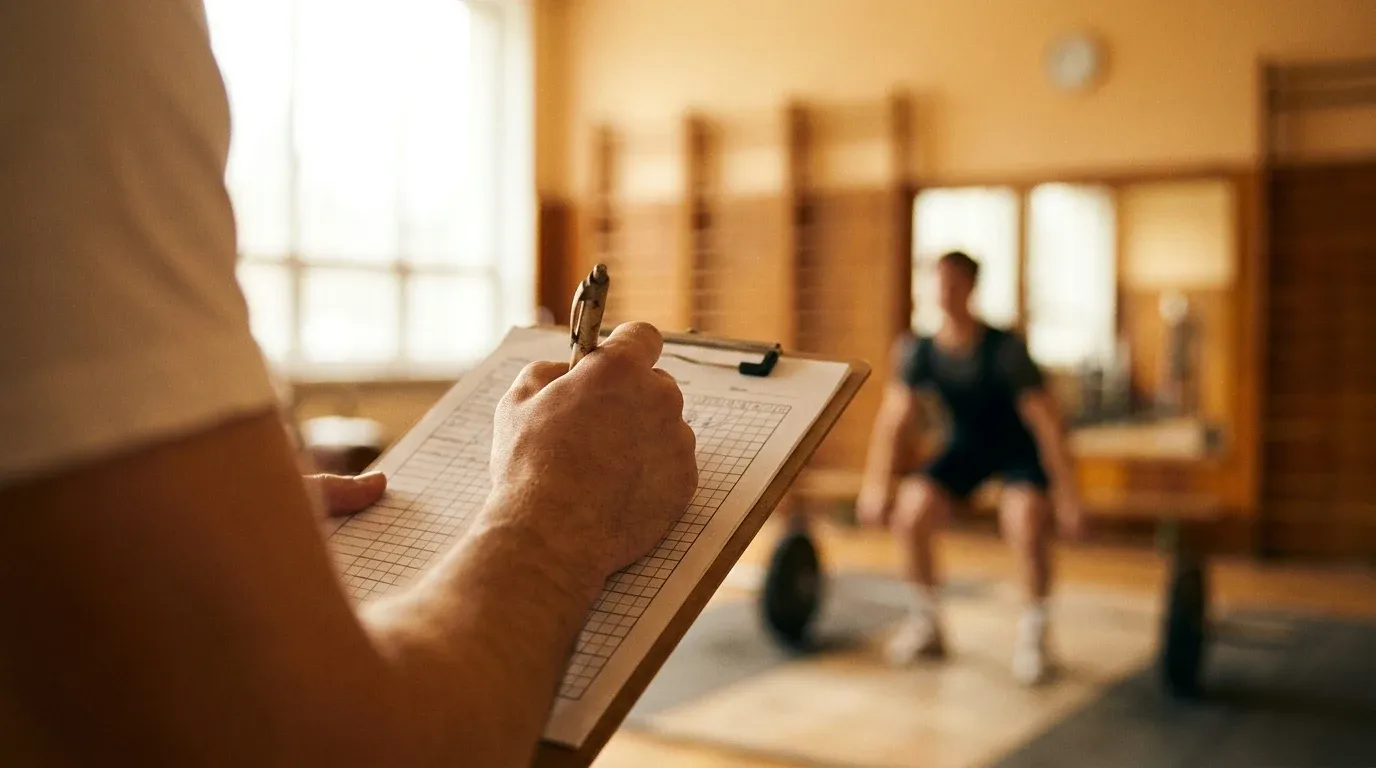 Coach writing on a clipboard with a blurred athlete lifting weights in the warm background during training.