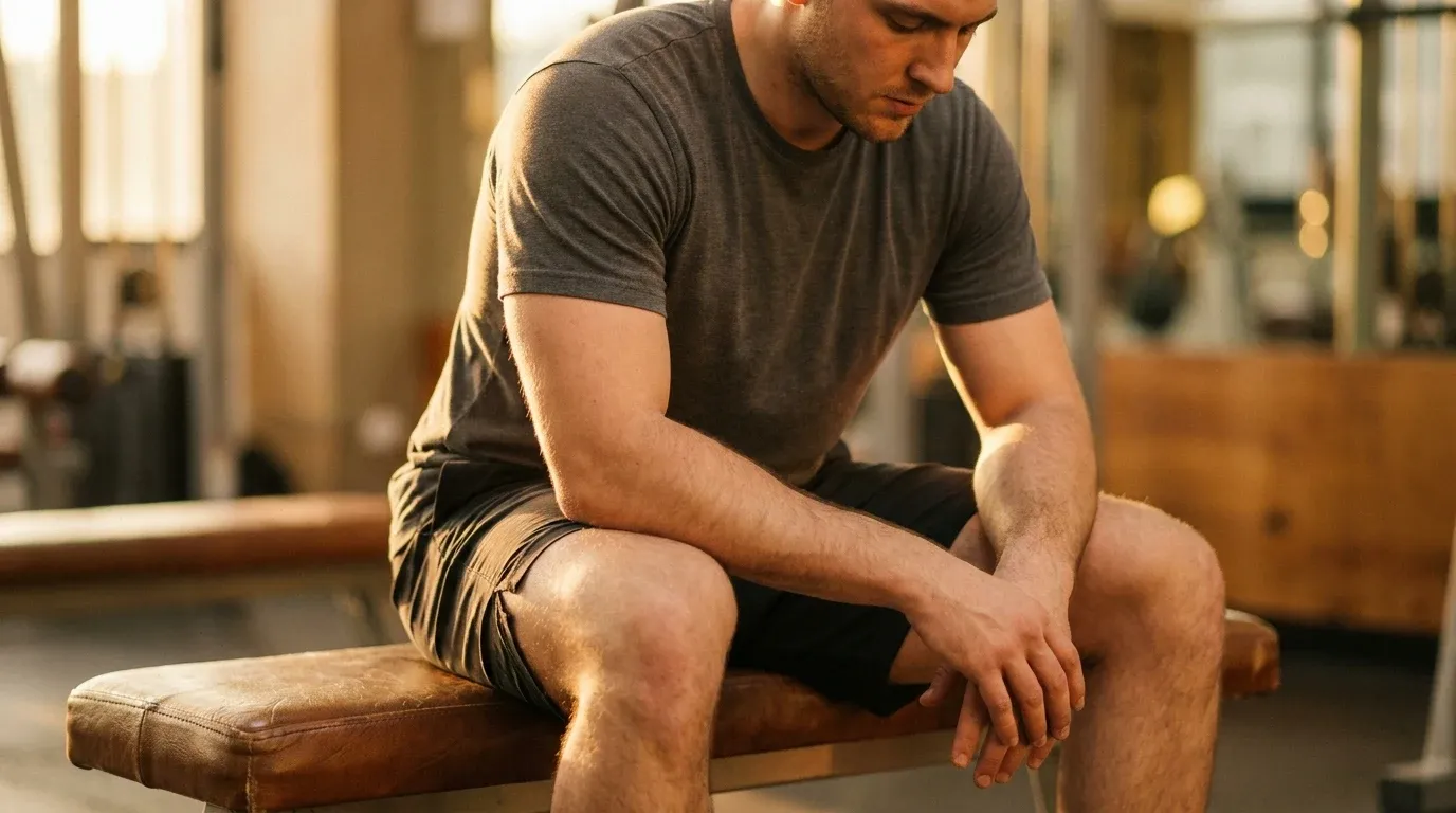 Male lifter resting on a bench between sets, head bowed in recovery, bathed in warm golden light.