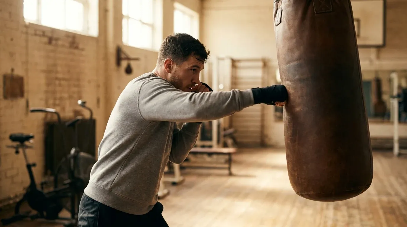 Fighter throwing a sharp hook into a heavy bag, hips rotating with torque, captured in warm golden gym light.