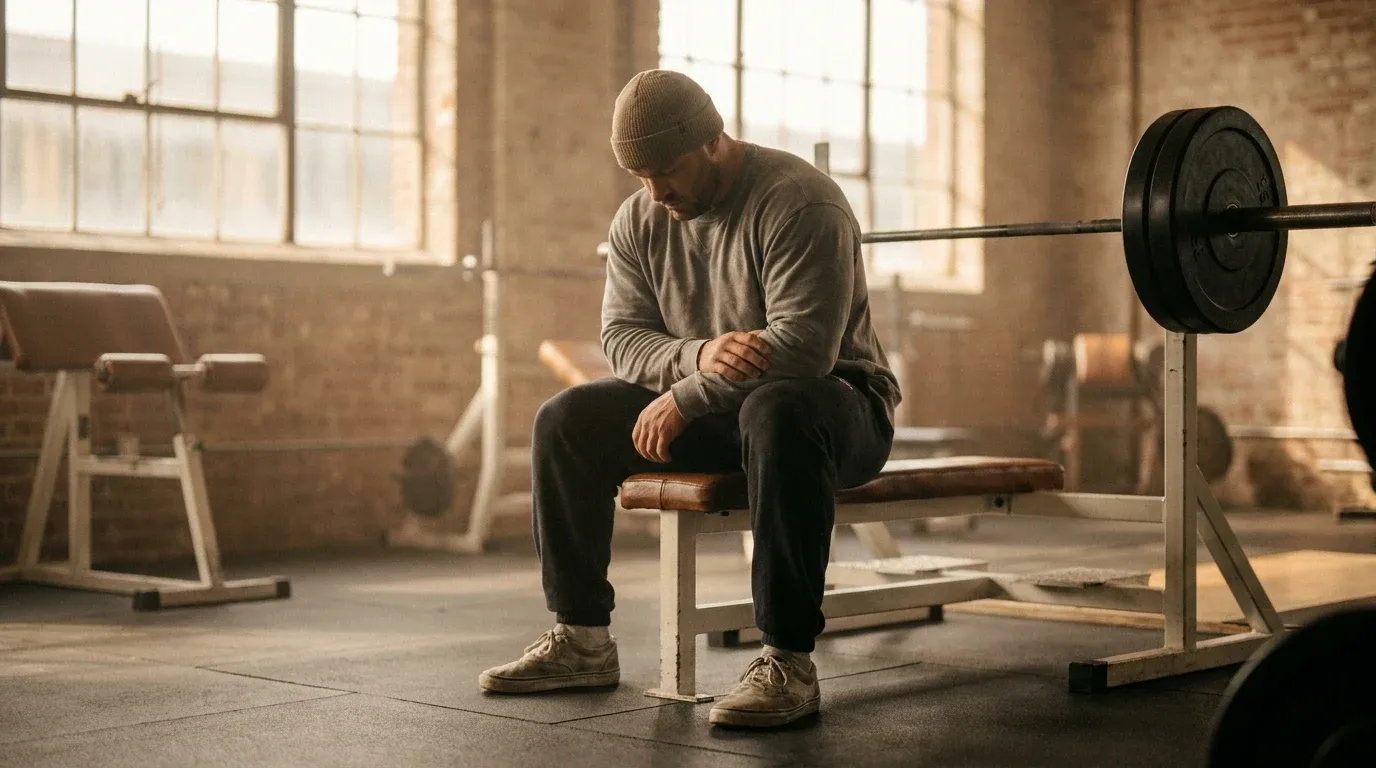 Muscular athlete seated on weight bench during recovery rest between sets at the gym.