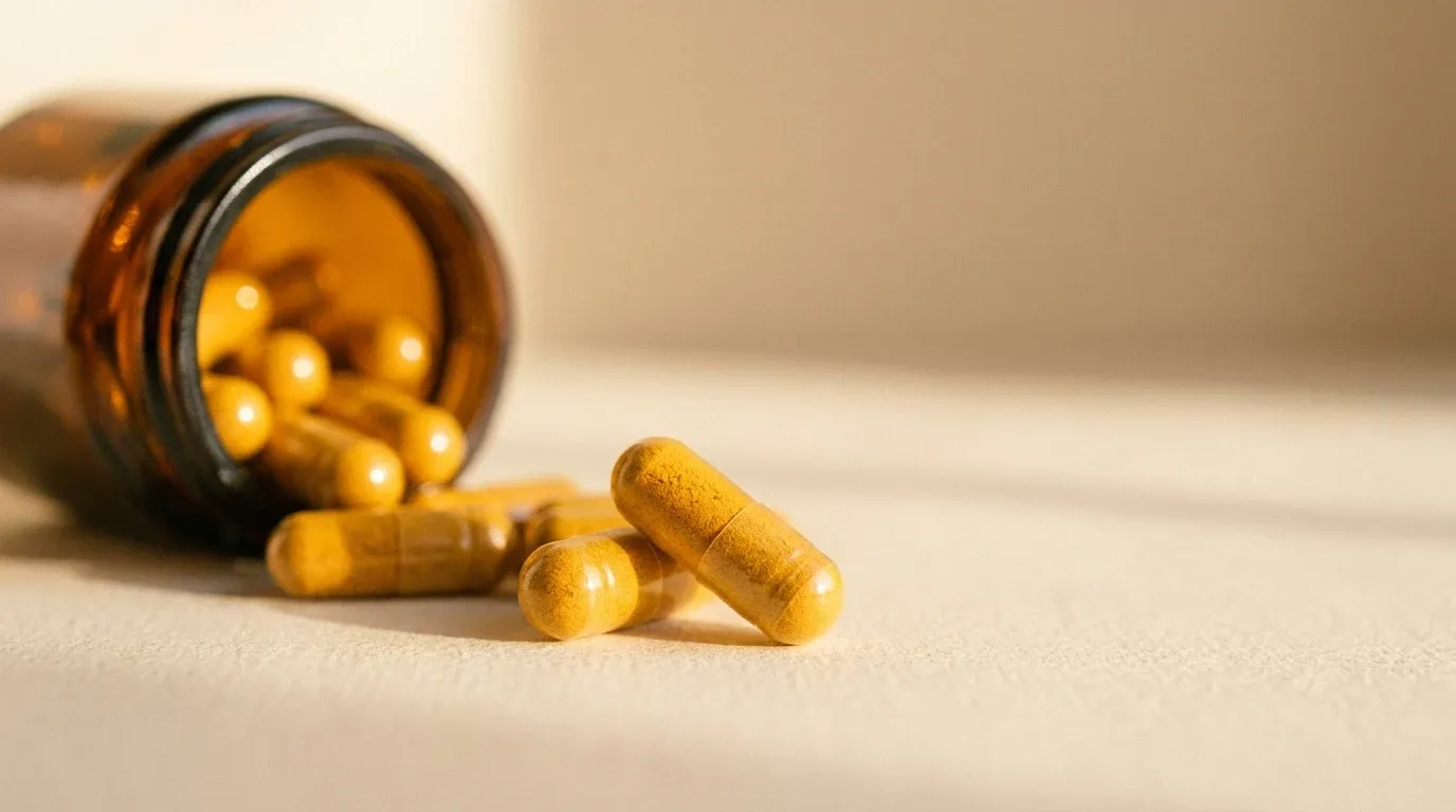 Spilled yellow berberine capsules pouring from an amber glass jar onto a cream surface.