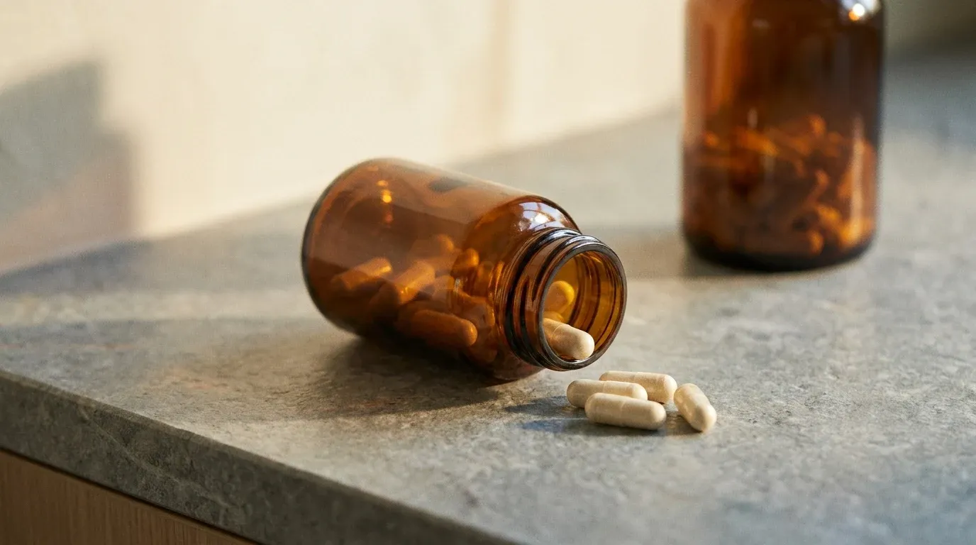 Amber supplement bottle tipped over spilling capsules onto grey stone with warm golden light and soft focus.