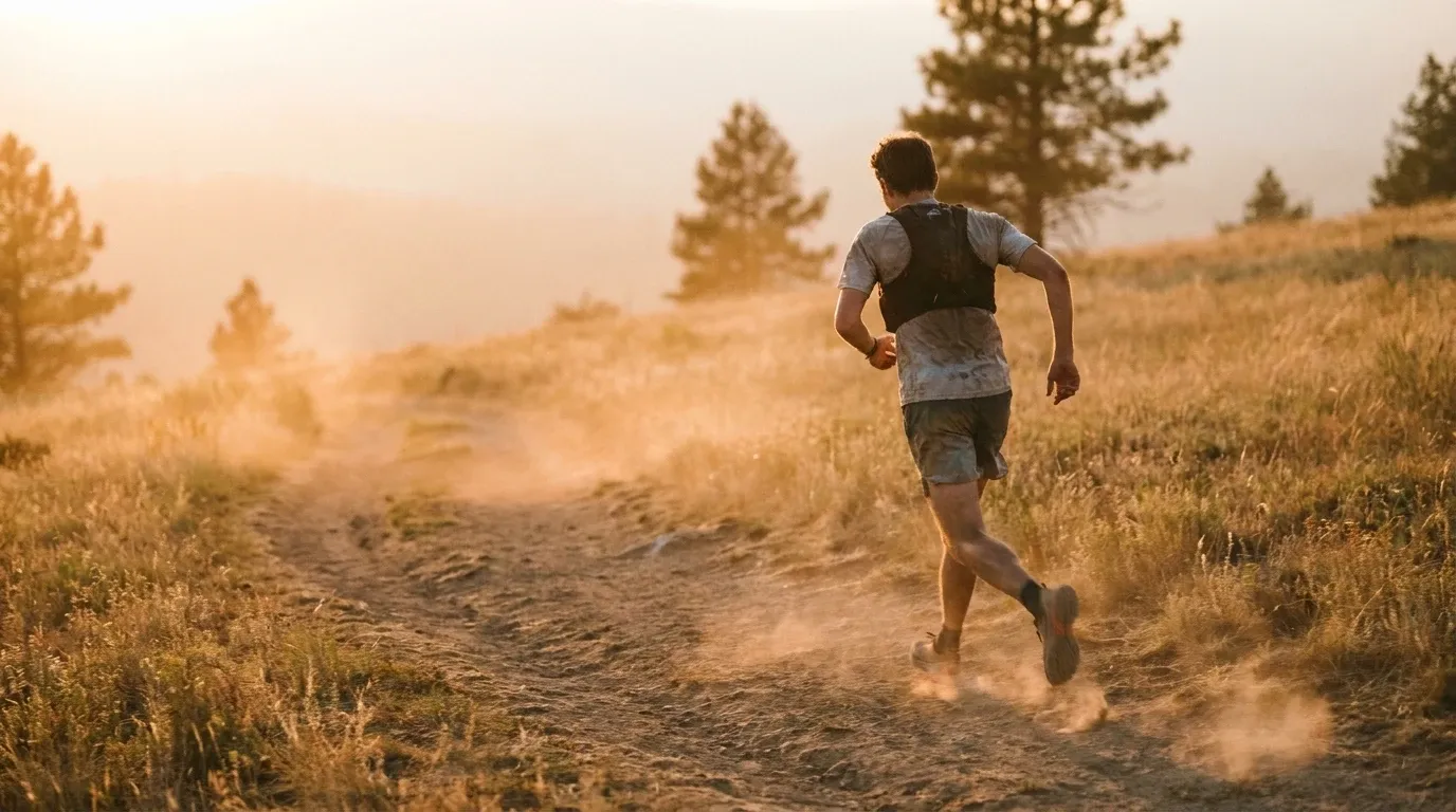 Trail runner captured from behind, mid-stride climbing a dusty winding path in golden late-afternoon light.