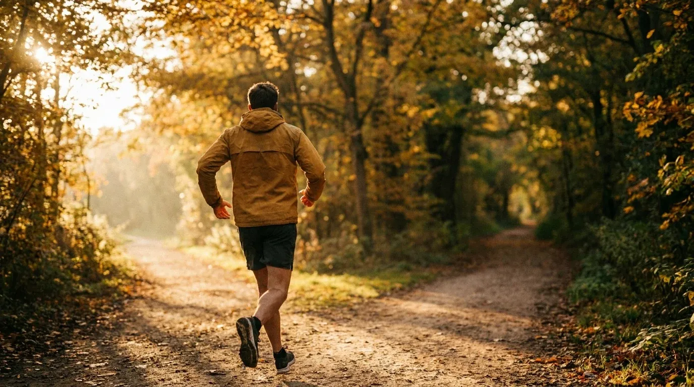 Runner mid-stride at a forked woodland trail in autumn with golden hour lighting.