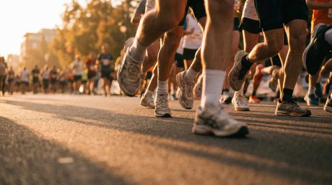 Close-up of dozens of runners' legs in motion on a sunlit road during early morning.