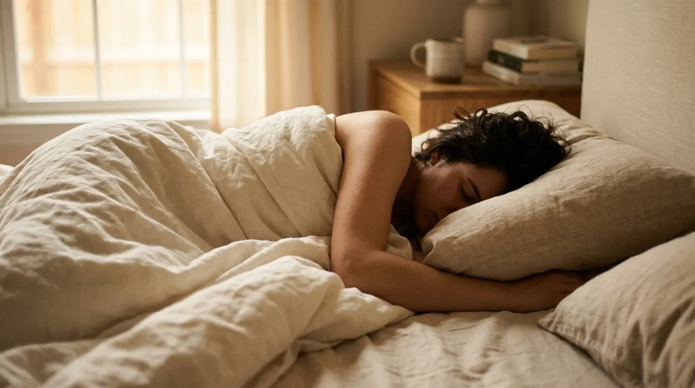 Person sleeping peacefully on their side in warm cream linens, bathed in soft golden morning light from a window.