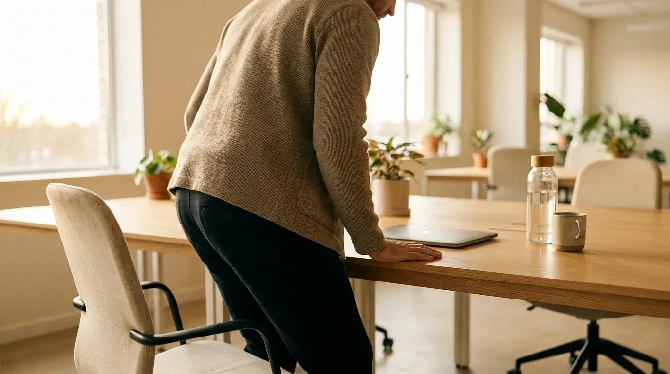 Office worker rising from chair in a bright, minimalist workplace with natural daylight.