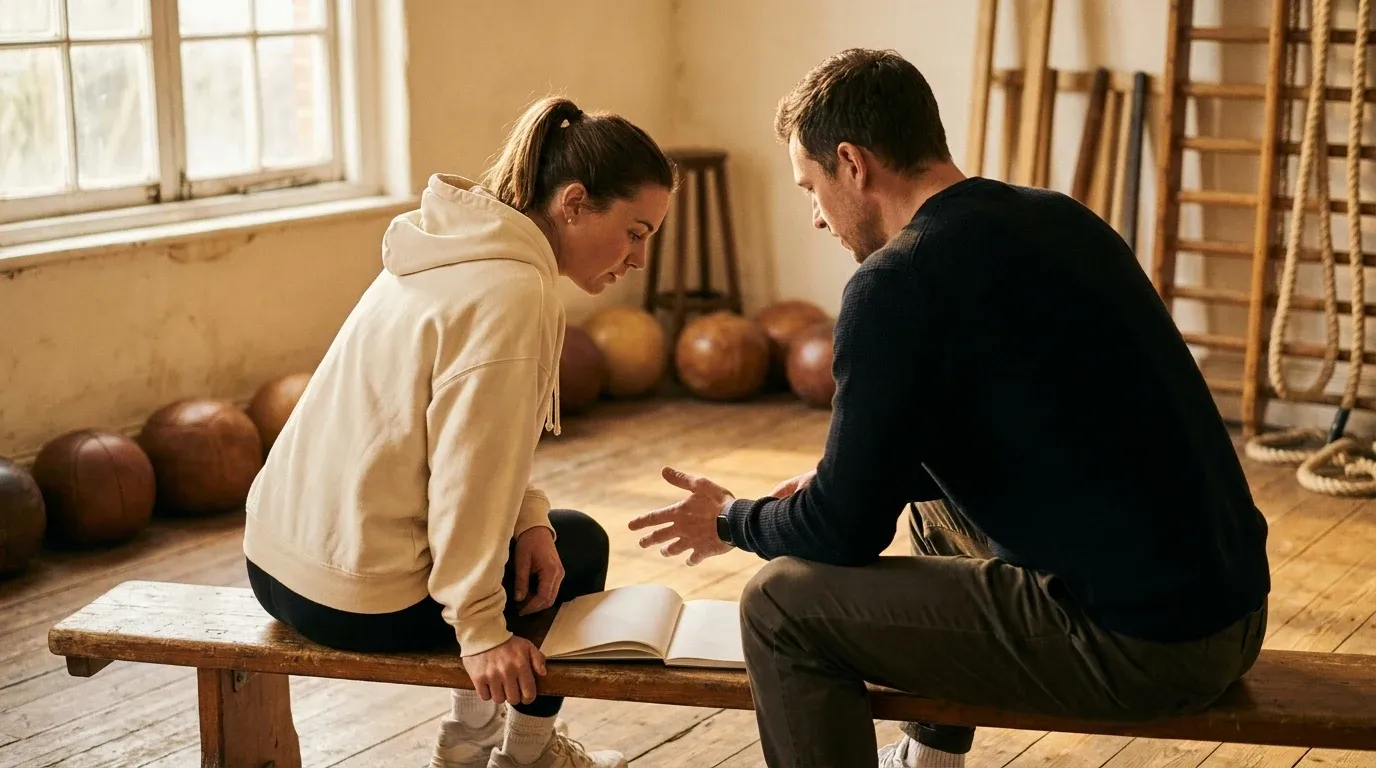A coach gestures toward an open notebook while a seated client leans in attentively in a sunlit gym setting.