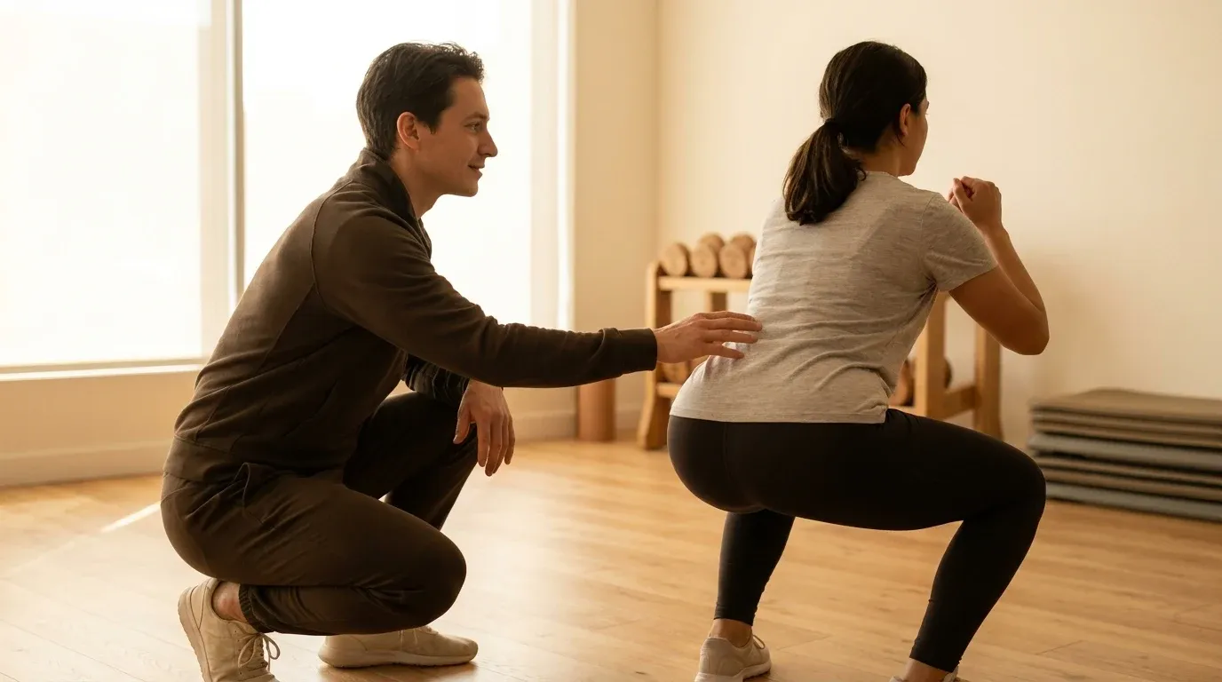 A coach guides a beginner through proper squat form in a sun-lit gym with warm, natural lighting.